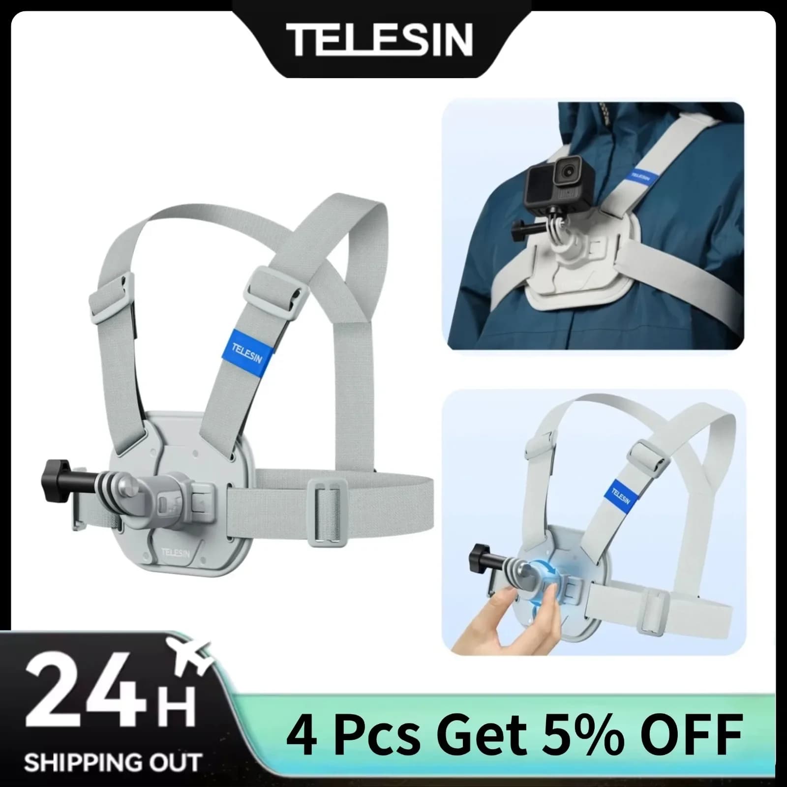 TELESIN Quick-Release Vest Chest Mount for Gopro Hero 13 12 11 10 9 8 DJI OSMO Action 5 Pro 4 3 Insta360 X5 X4 ACE Pro Accessory