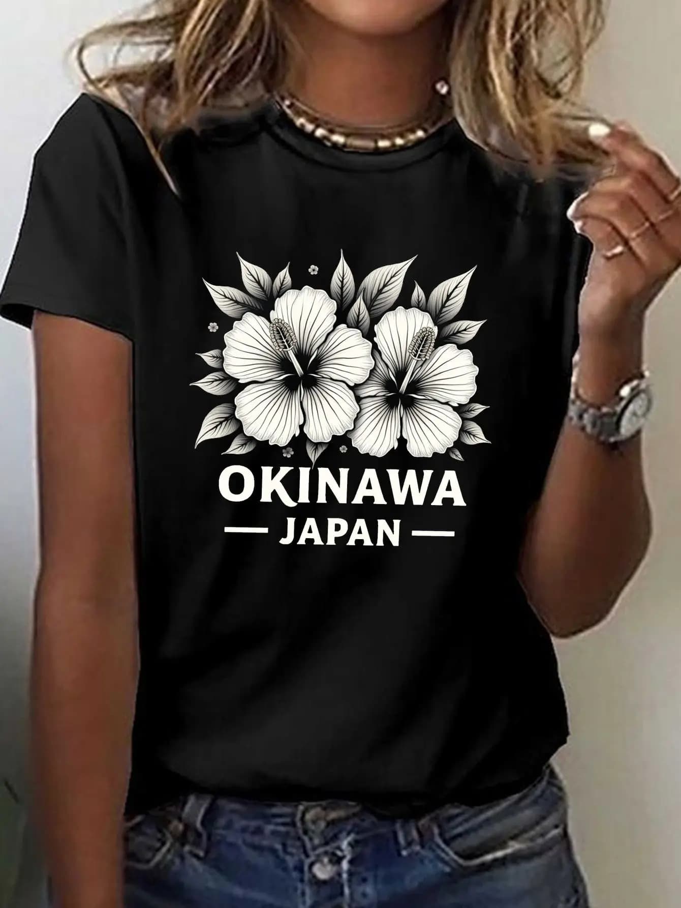 Women's Okinawa Japan Floral & Cultural Print T-Shirt - Short Sleeve Crew Neck Casual Blouse, Breathable Spring Summer Top Suitable for Summer & Spring Wear, Travel Outfit (Machine Washable)