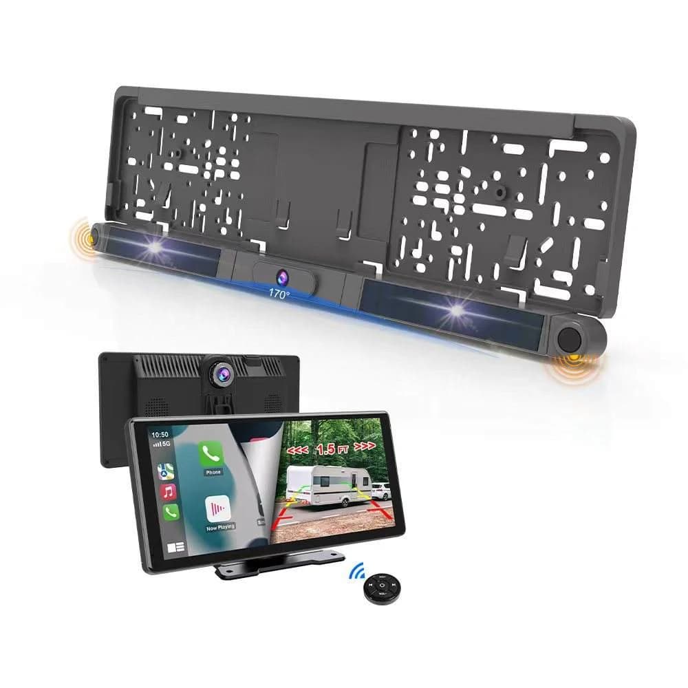 Schermo di Navigazione Portatile Wireless Android Auto da 10,36 Pollici con Dashcam e Carplay, con Sensore Telecamera Posteriore Solare per Camper, Rimorchi, Camion