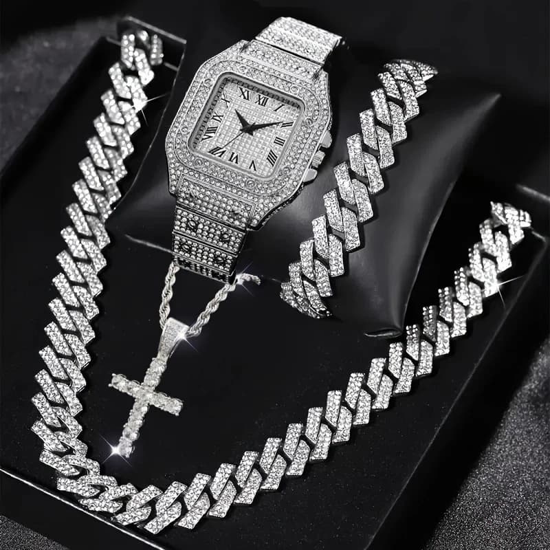 4PCS Fashion Iced Out Square Men Watch Cuban Chain Bracelet Necklaces Set Luxury Diamond Quartz Wristwatch Jewelry（Without Box）