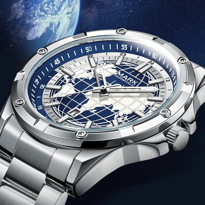 MARK FAIRWHALE Orologio da uomo con quadrante con mappa alla moda, calendario luminoso, orologio da uomo di lusso impermeabile rotondo al quarzo
