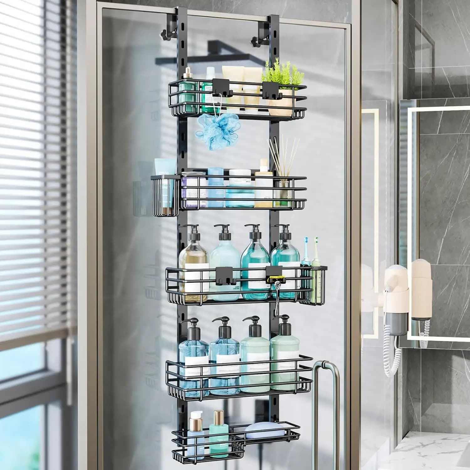 Organizzatore da Doccia a 5 Ripiani Regolabile da Appendere Sopra la Porta con Porta Spazzolini e Ganci, Scaffale Portaoggetti da Bagno Antiruggine Nero
