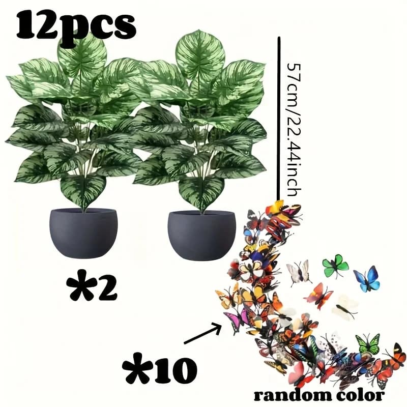 Nuovo set di 2 Pezzi con 10 Farfalle, Albero di Palma Artificiale, Foglie Tropicali in Plastica Senza Vaso, Bouquet di Piante Finte per Casa xt2113-fro