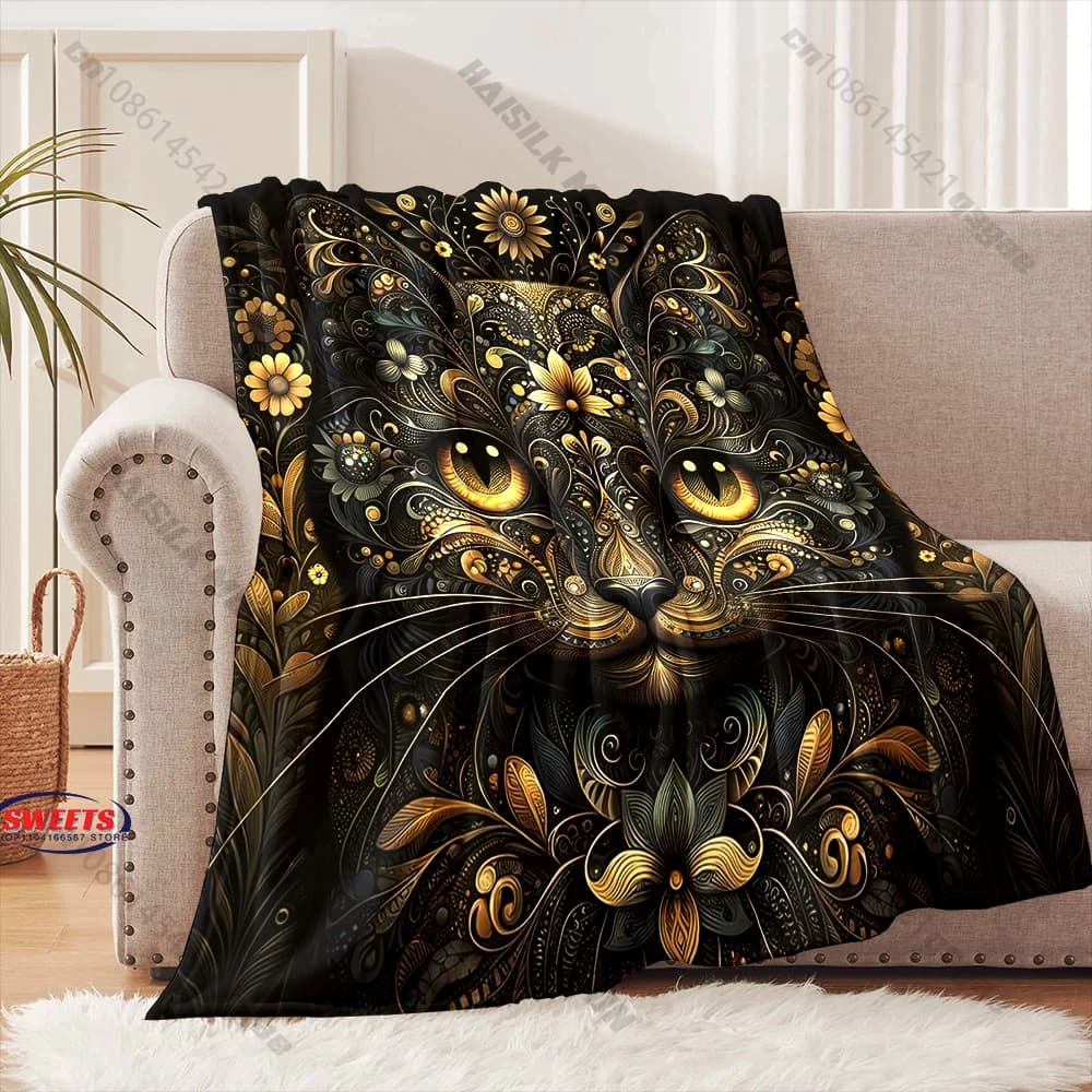 Coperta con disegno floreale dorato di gatti, diverse misure, coperta decorativa per divano, camera da letto per bambini e adulti, soggiorno, regalo squisito