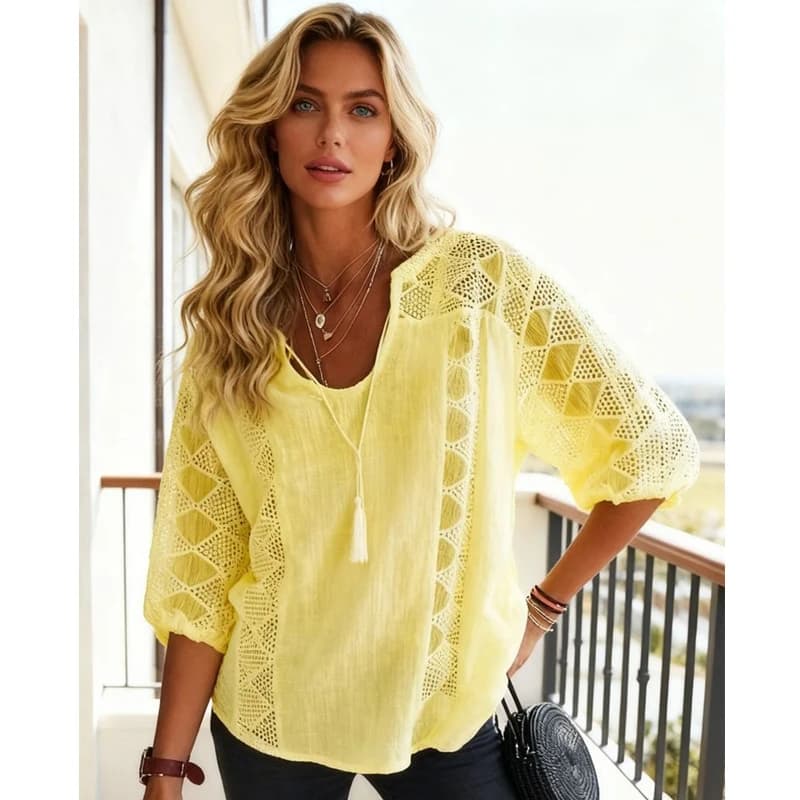 Women's Summer Shirt with V-Necklace, White, Short Sleeve, Casual Style with Lace, Solid Color