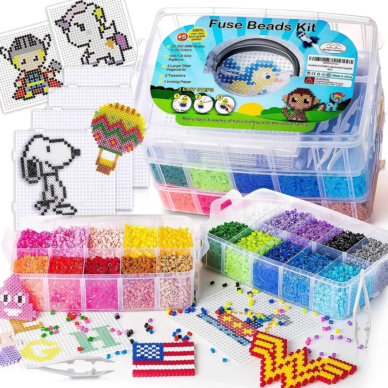 Kit di perline fuse da 2000 pezzi da 5 mm Hama Bead Box Perline di carta termoadesive, Peg Board, Accessori ricchi, Perline di fusione per regali per ragazze