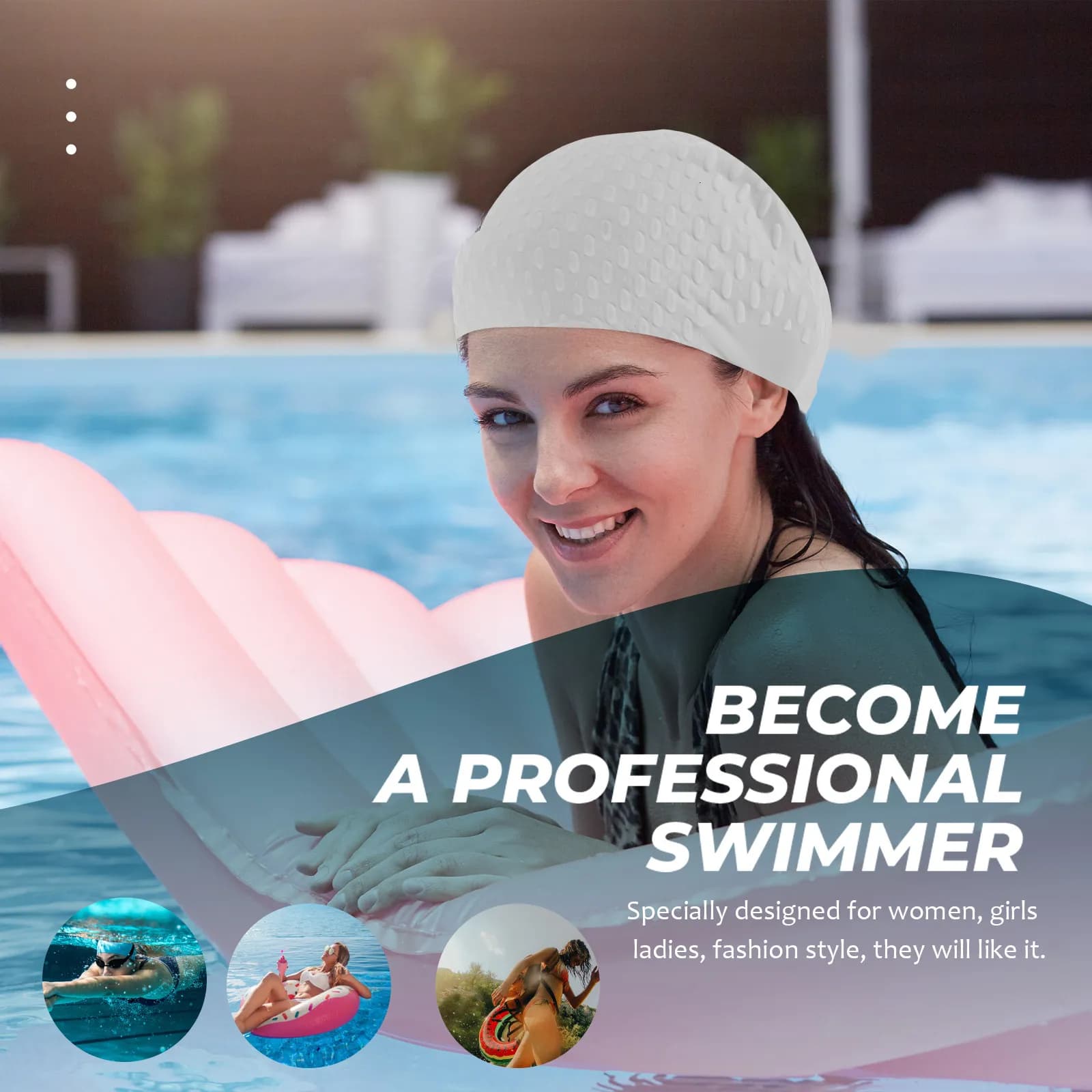 Women Silicone Swimming Cap Pink Waterproof Elastic Swim Hat Long Hair Ear Protection Comfortable Durable Swimming Cap