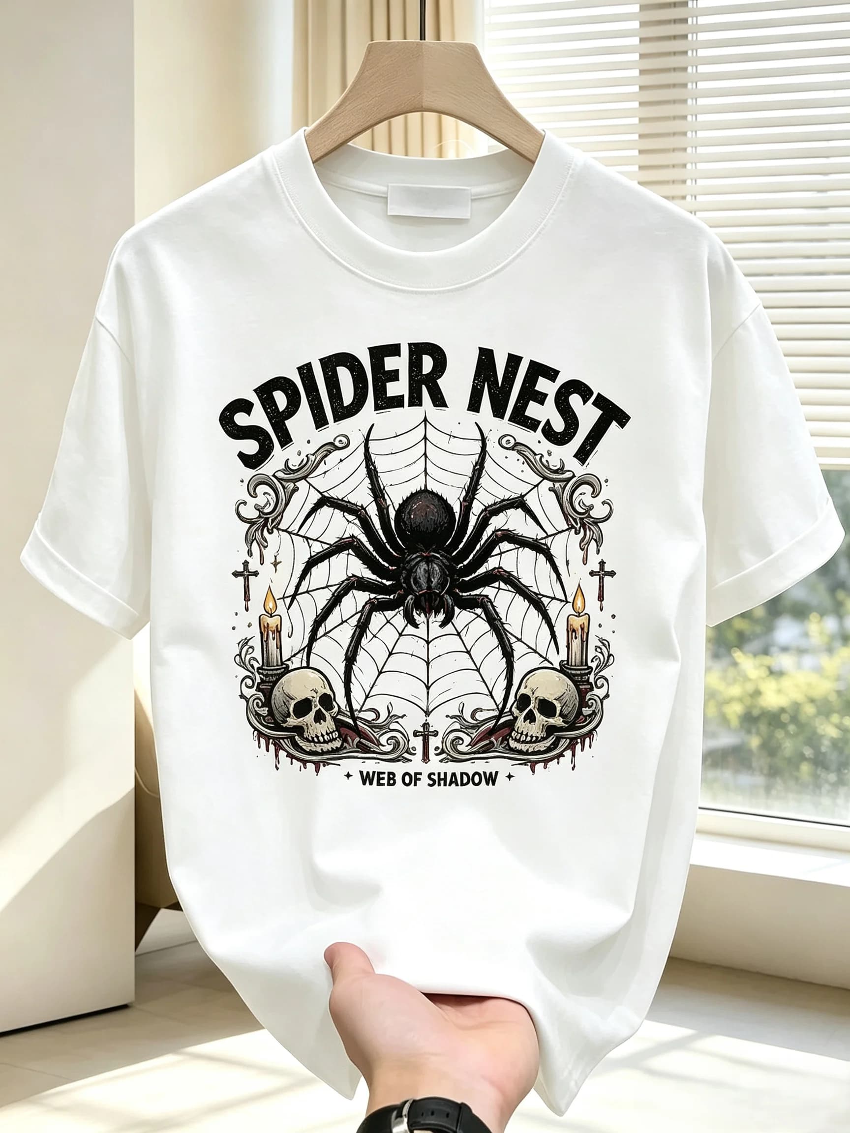 Unisex Men Women Vintage Spider Nest Gothic T‑Shirt Front Print Web Of Shadow Big Spider Web Skull Candle Cross Dark Occult Art Graphic Short Sleeve Casual Cotton Street Tee Tops