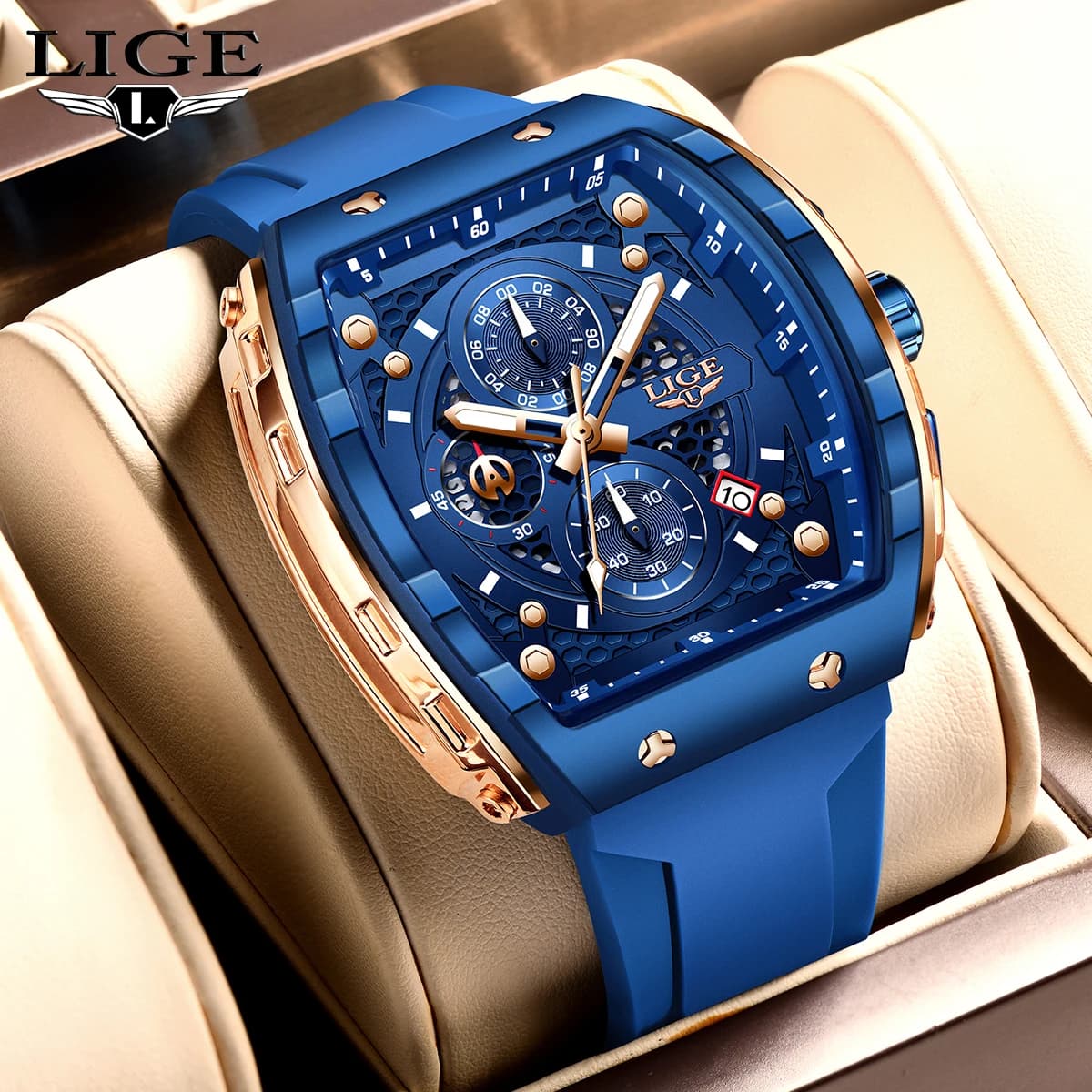 LIGE Men Watches Top Brand Luxury Square Silicone Watch For Men Fashion Military Quartz Waterproof Chronograph Relogio Masculino
