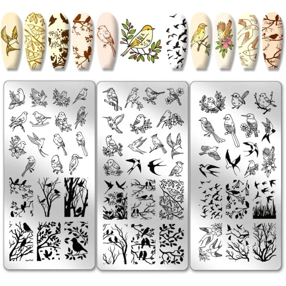 Set di 3 Stampi per Nail Art in Acciaio Inossidabile, Forma Rettangolare con Motivo Uccello, 12x6cm