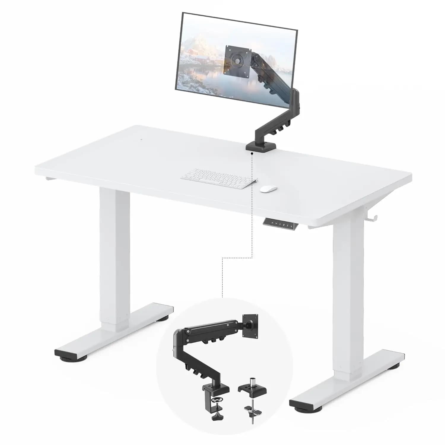 Scrivania Regolabile in Altezza 48''x24'' con Supporto per Monitor, Piano di Lavoro Unico, Braccio per Monitor Singolo Completamente Regolabile, Personalizzabile