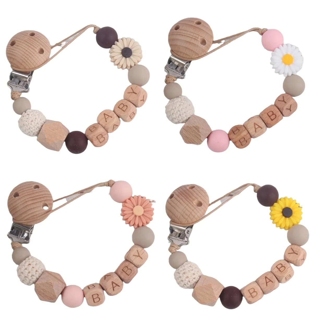 Daisy Flower Pacifier Chain Holder for Baby Kids Pacifier Clips Teething Silicone Pacifier Clips Infant Teether