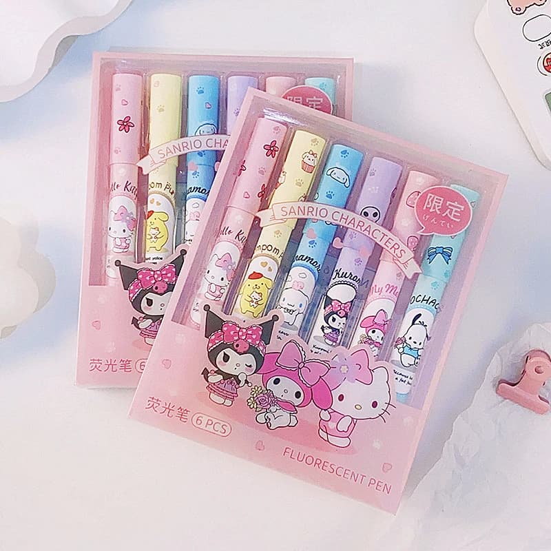Set di 6 evidenziatori Sanrio Hello Kitty Kawaii Kuromi Melody Cinnamoroll, pennarelli fluorescenti artistici, per scuola e ufficio