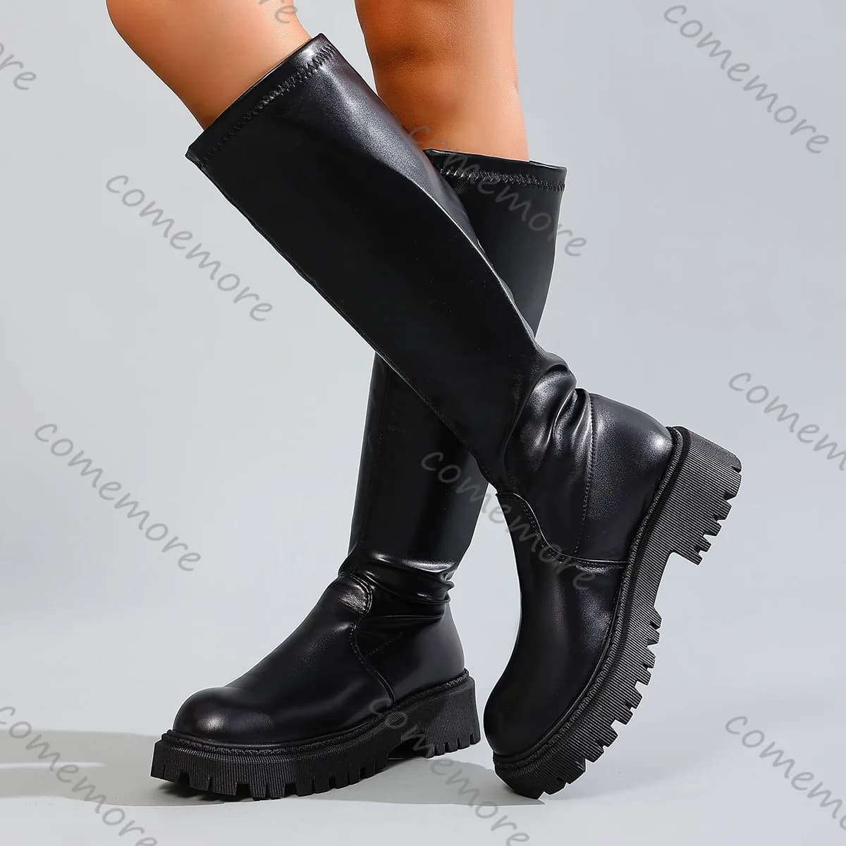 Comemore Autumn New Black Leather Knee-High Boots Chunky Sole Round Toe Fashion Women Shoes Thick Heeled Long Booties Female