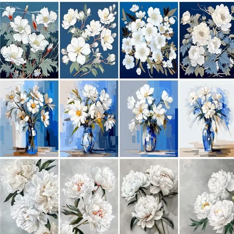 PhotoCustom Oil Painting By Numbers For Adults Drawing By Numbers White Flower Handmade Unique Gift Wall Art Paint Kit