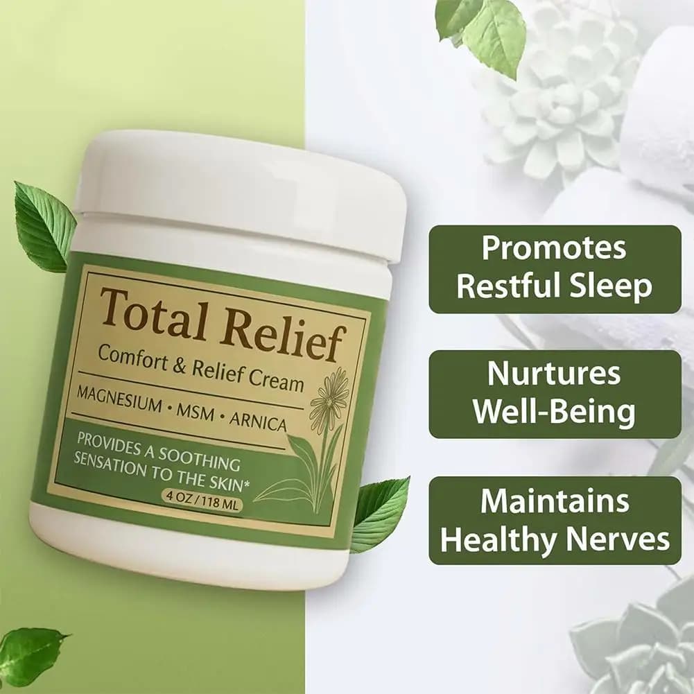 Crema al Magnesio Total Relief 118ml, Formula con Arnica e MSM, Sollievo Rapido per Dolori Muscolari e Articolari, Balsamo Lenitivo ad Assorbimento Veloce