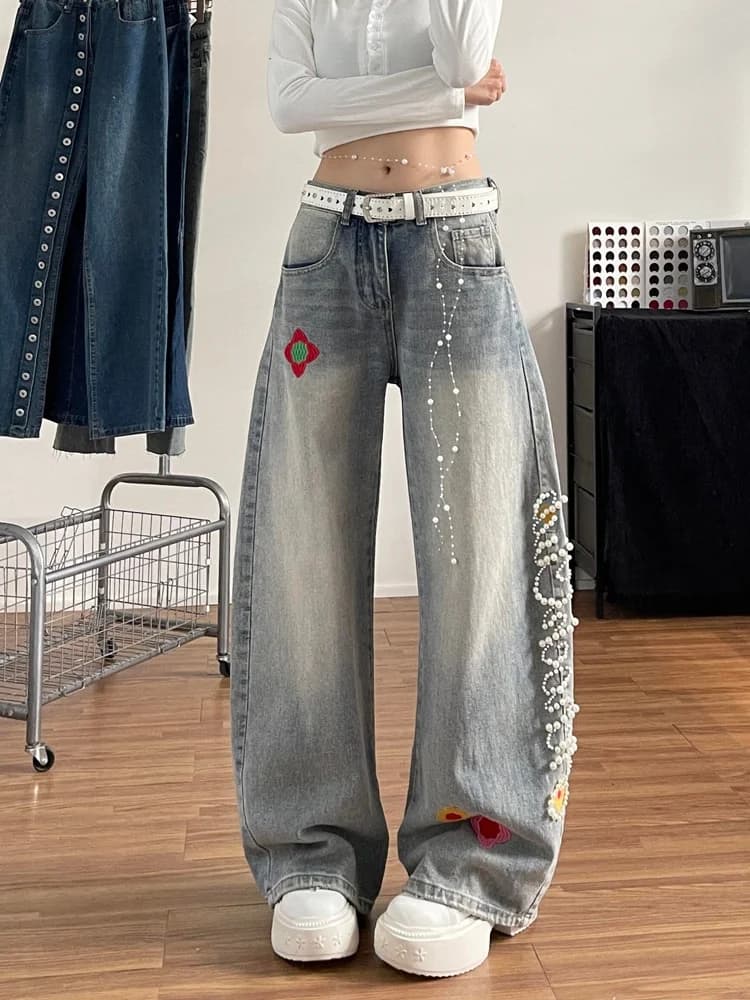 Jeans in denim American Washed 3D Pearl a gamba larga da donna, modello loose slimming a vita alta, nuovo stile primaverile, taglie forti
