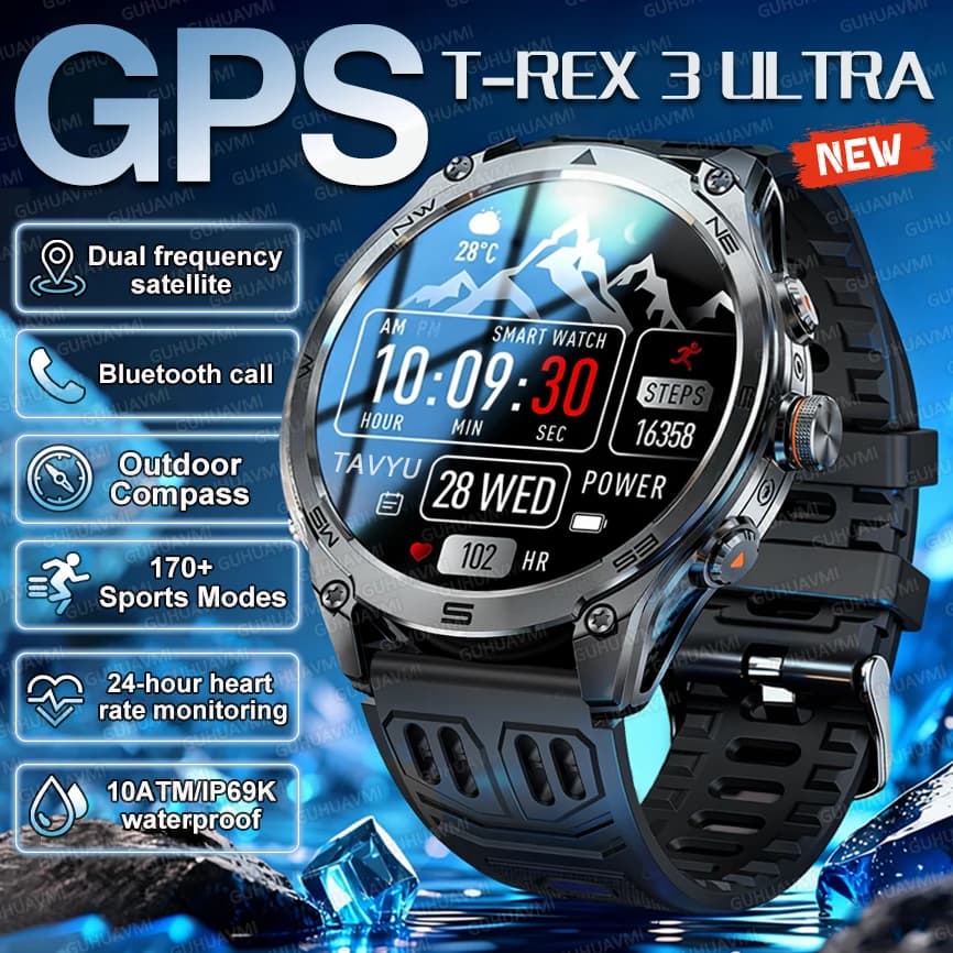 T-Rex3 Smartwatch GPS Tracker for Men, Dual-Band and Multi-GNSS positioning, 10ATM waterproof, 170+ Sport, 1000mAh battery