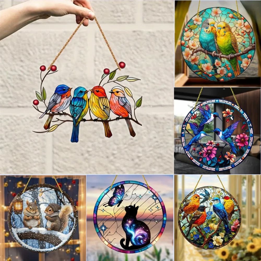 2D acrylic flat print birds and flowers animal pendant house tree window decoration hanging gift animal lover backpack for auto ornament