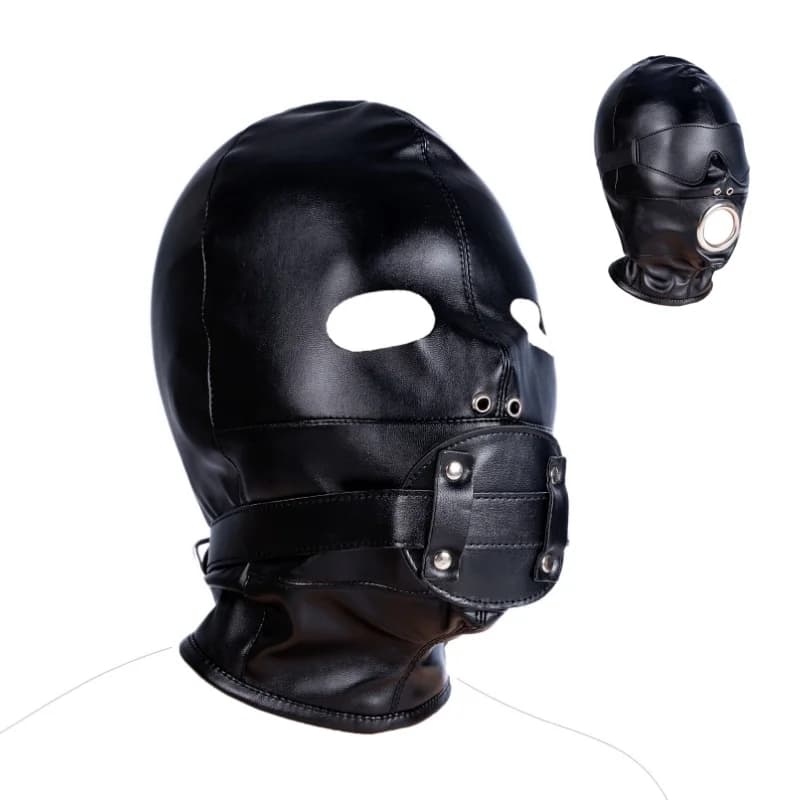 Maschera cosplay sexy Fetish Cappuccio mascherato integrale in pelle PU per adulti Donne Uomini Giochi di festa di Halloween Copricapo misterioso nero