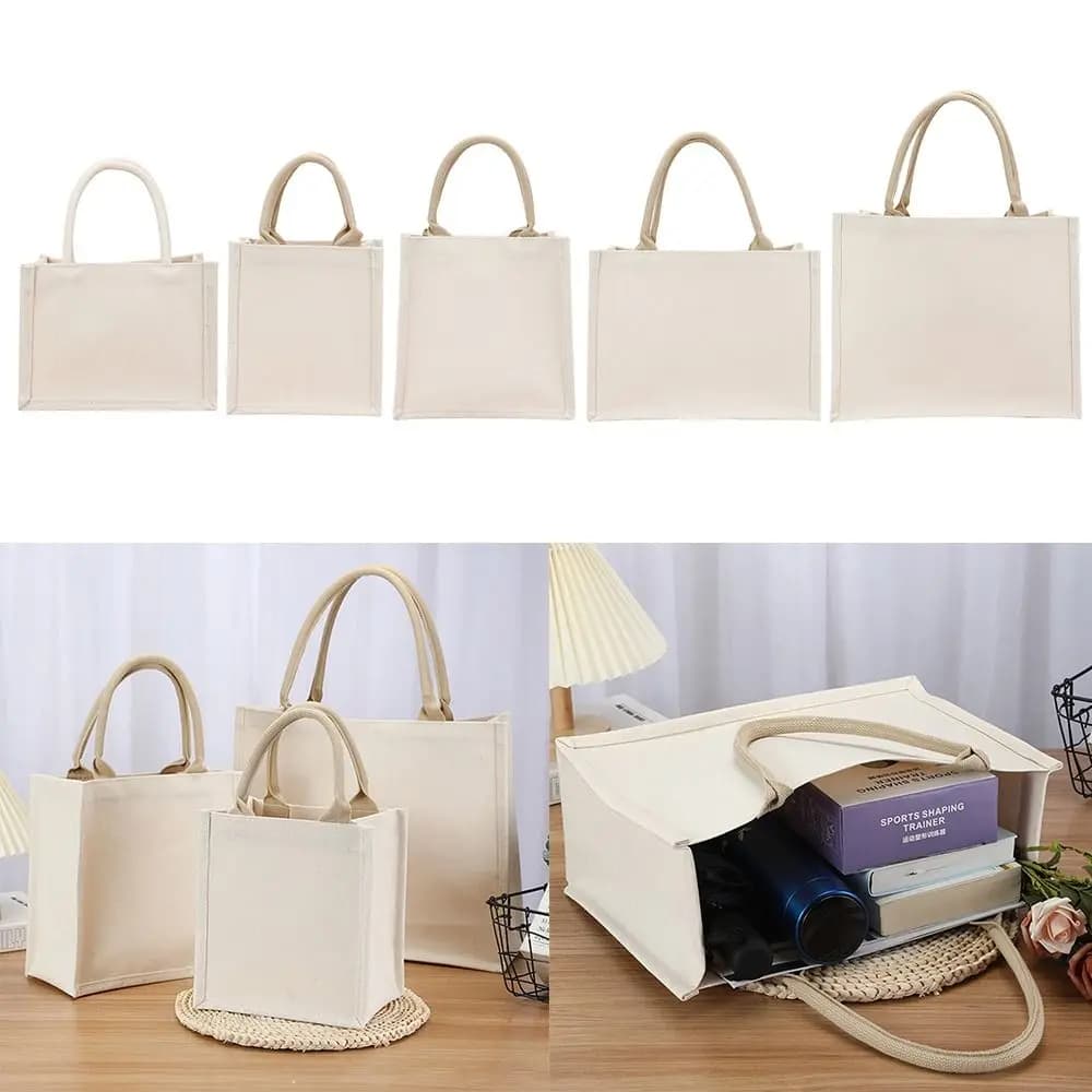 Reusable DIY Hand Drawn Canvas Bag Foldable Beige Blank Tote Sack Storage Bags Travel Handbag