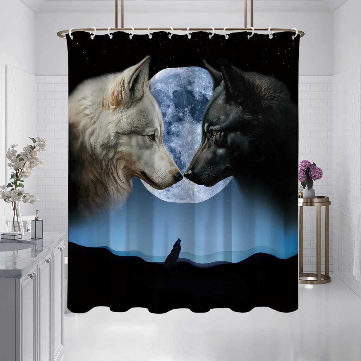 Tenda da doccia stampata con motivo lupi e luna 1PC, impermeabile e lavabile, con 12 ganci, doccia bagno, vasca da bagno, uso domestico