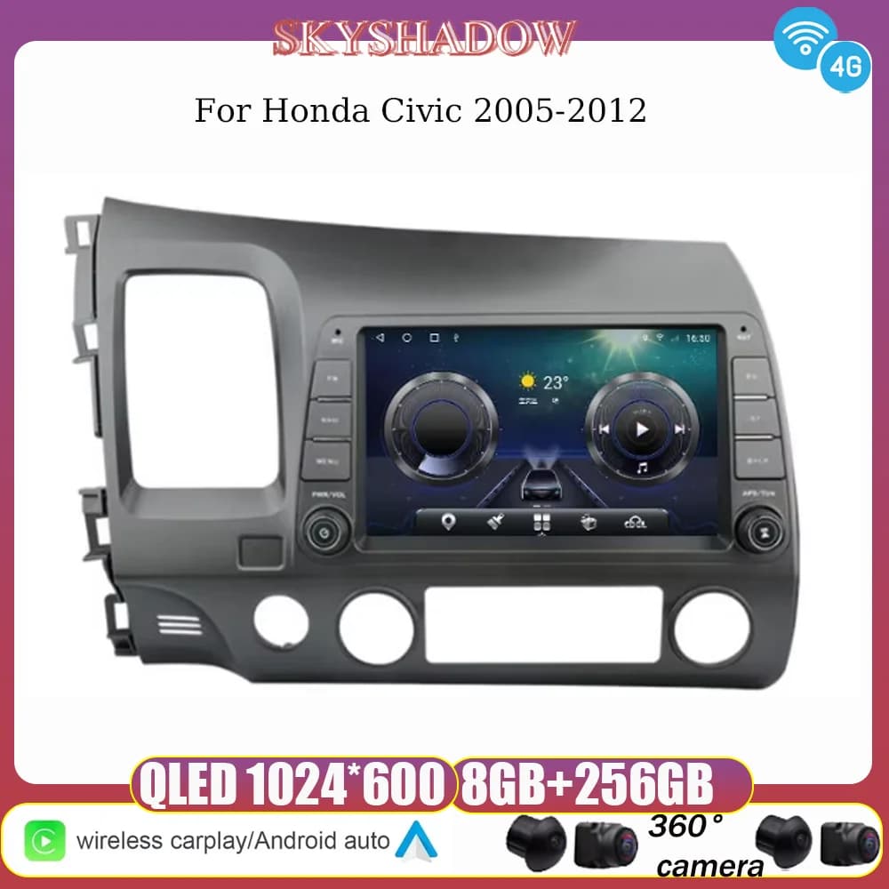 360 12G + 256G Carplay Auto Android 14.0 8 "IPS 4G SIM Lettore DVD per auto Mappa GPS WIFI Bluetooth RDS Radio per Honda Civic 2005-2012