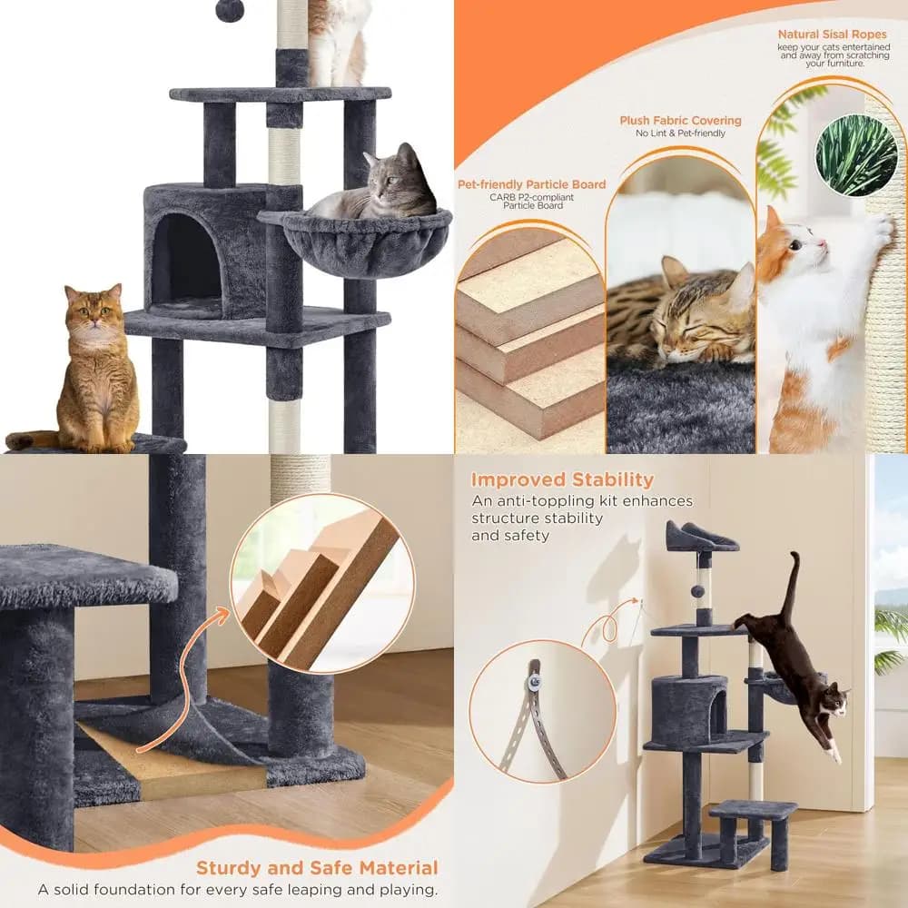 Torre per Gatti a 57 Livelli con Piattaforma Estesa, Trespolo Imbottito, Tiragraffi e Pallina Giocattolo - Centro Giochi per Gatti Grandi da Interno