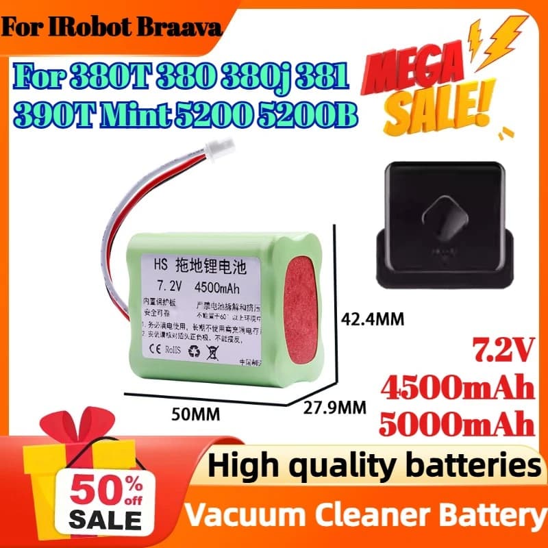 Batteria agli ioni di litio da 7.2V 4500mAh 5000mAh per iRobot Braava 380T 380 380j 381 390T Mint 5200 5200B 5200C per aspirapolvere