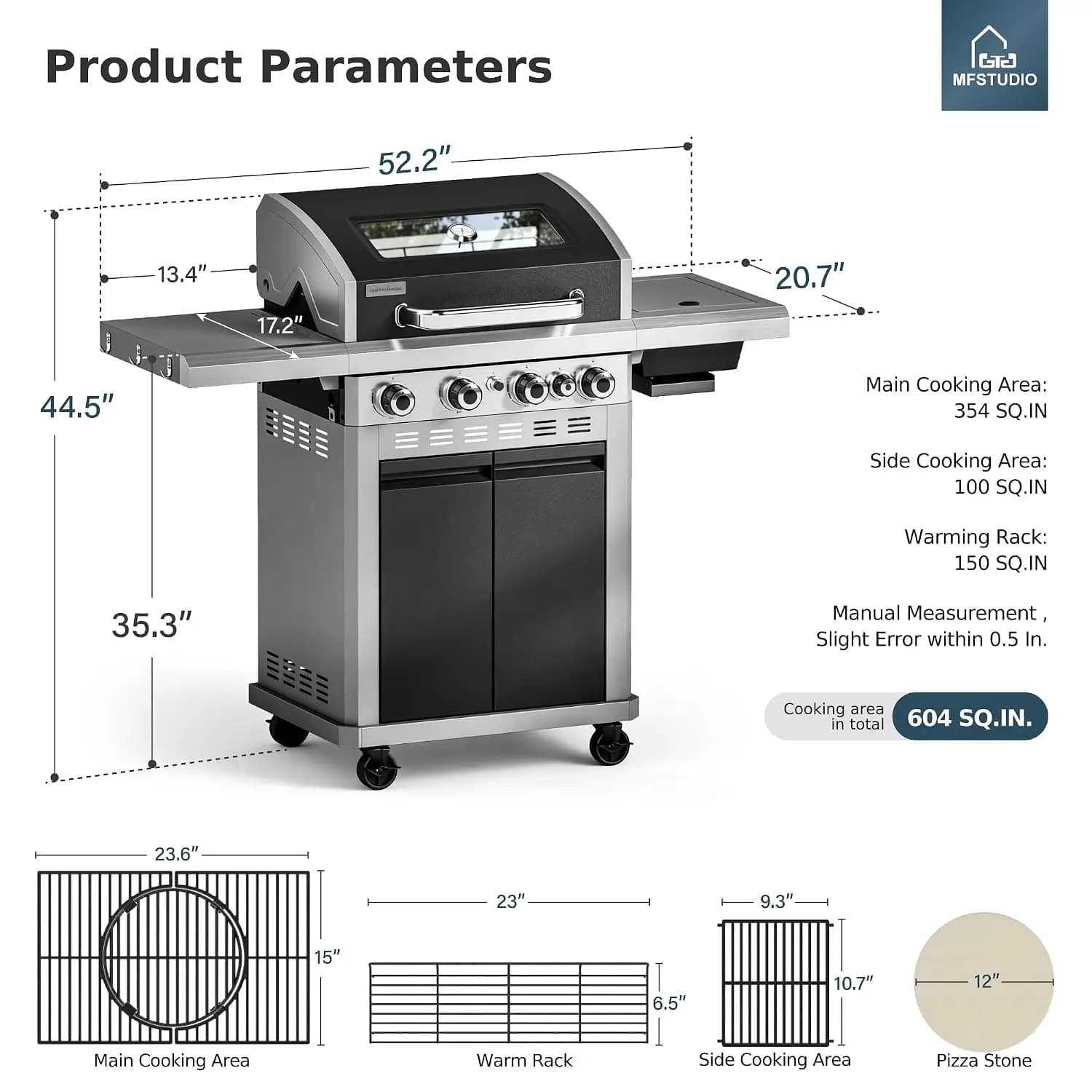 4 Burner Propane Gas Grill with Infrared Side Burner, Visualized Lid & Removable Pizza Stone for Outdoor, Custom