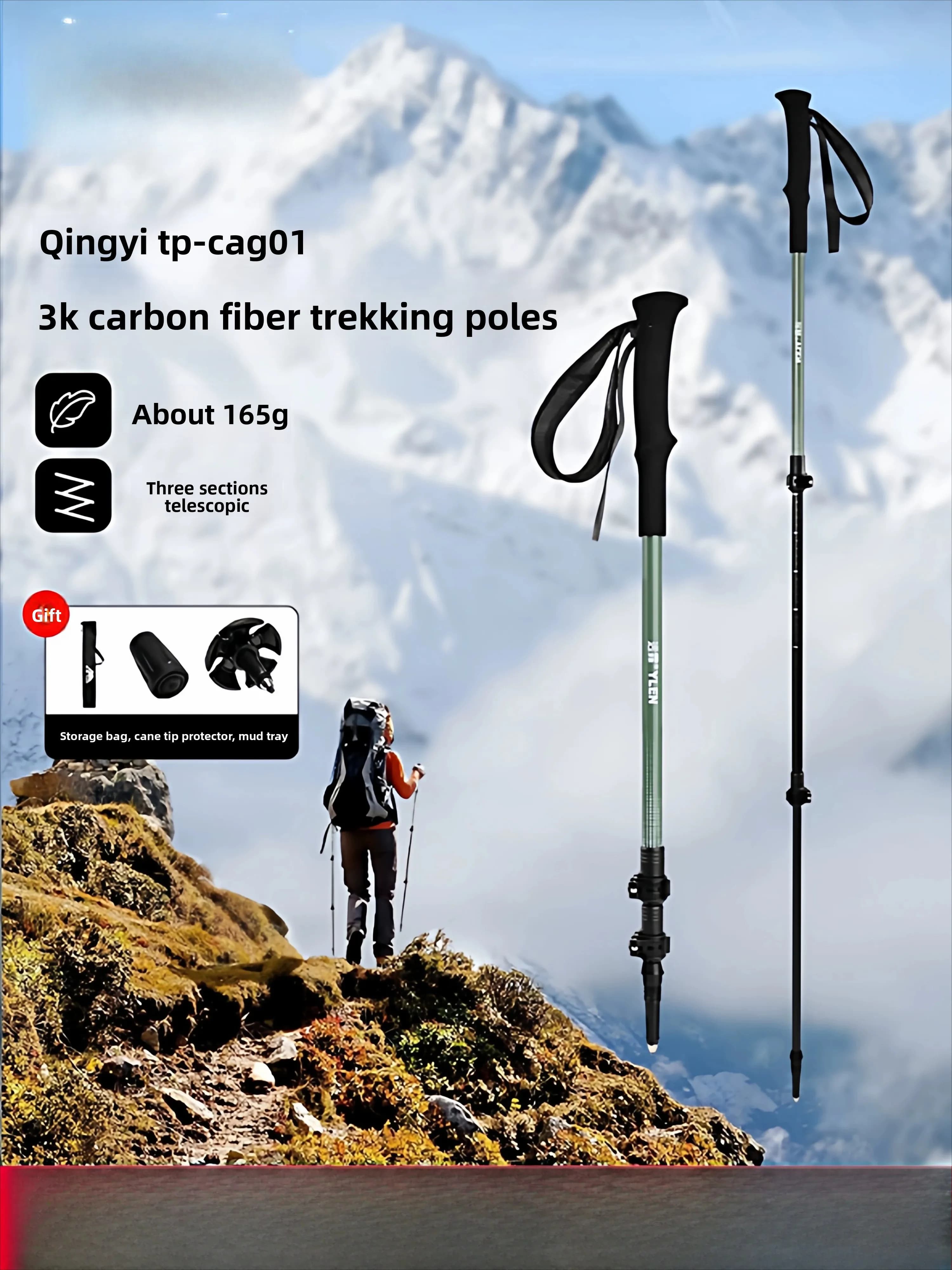 Professional 3K Carbon Fiber Trekking Poles Ultralight Telescopic Anti-Slip Hiking Sticks for Men Women Trail Running Climbing