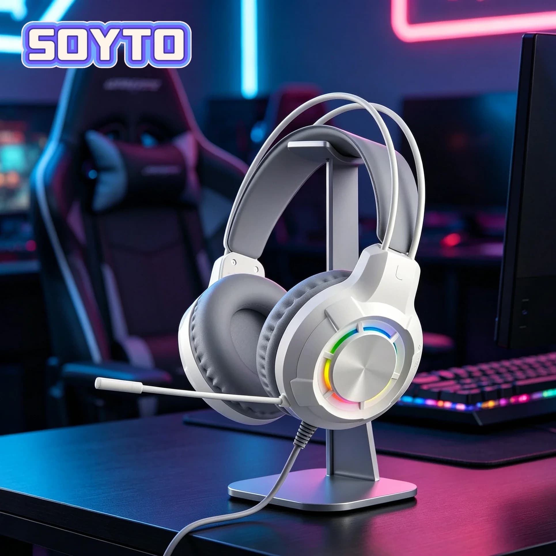 SOYTO Cuffie da Gaming Nere e Bianche con Illuminazione, Auricolari Over-Ear con Cancellazione del Rumore, Bassi Profondi, Stereo, per Gamer, Desktop e Laptop