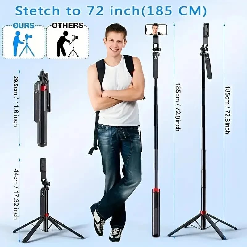 360 ° Selfie Stick multifunction and tripod, selfie stick stabilized with 1,85 m retractable cardanic joint for video and photos