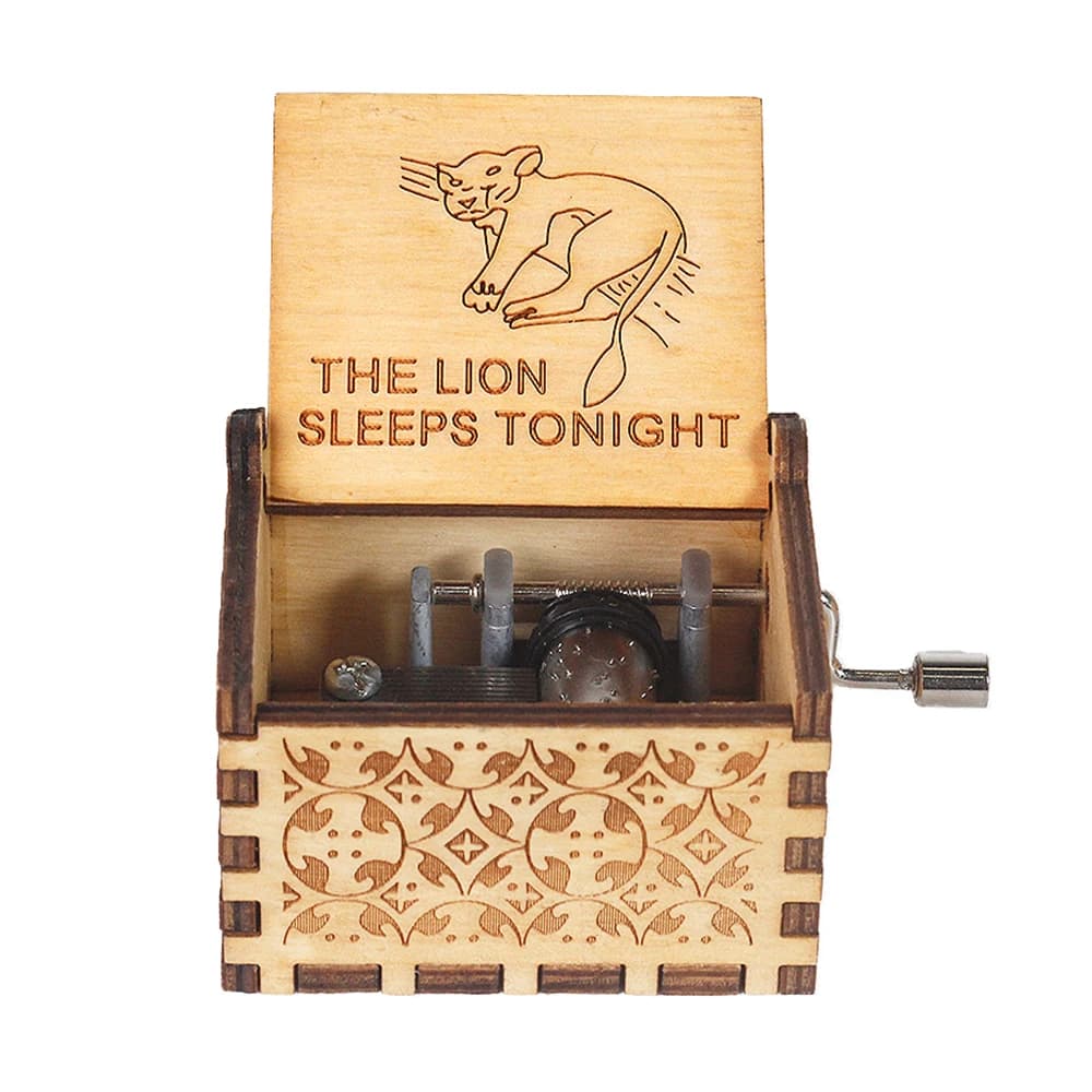 *-* Carillon con leone addormentato, manovella in legno vintage inciso al laser piccolo compleanno San Valentino decorazioni da tavolo regali per