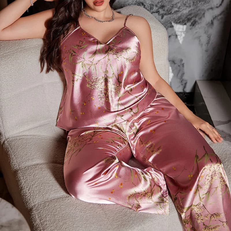 Pigiama da donna in raso floreale con stampa di seta ghiacciata, pigiama da notte, pantaloni senza maniche, set di indumenti per la casa larghi