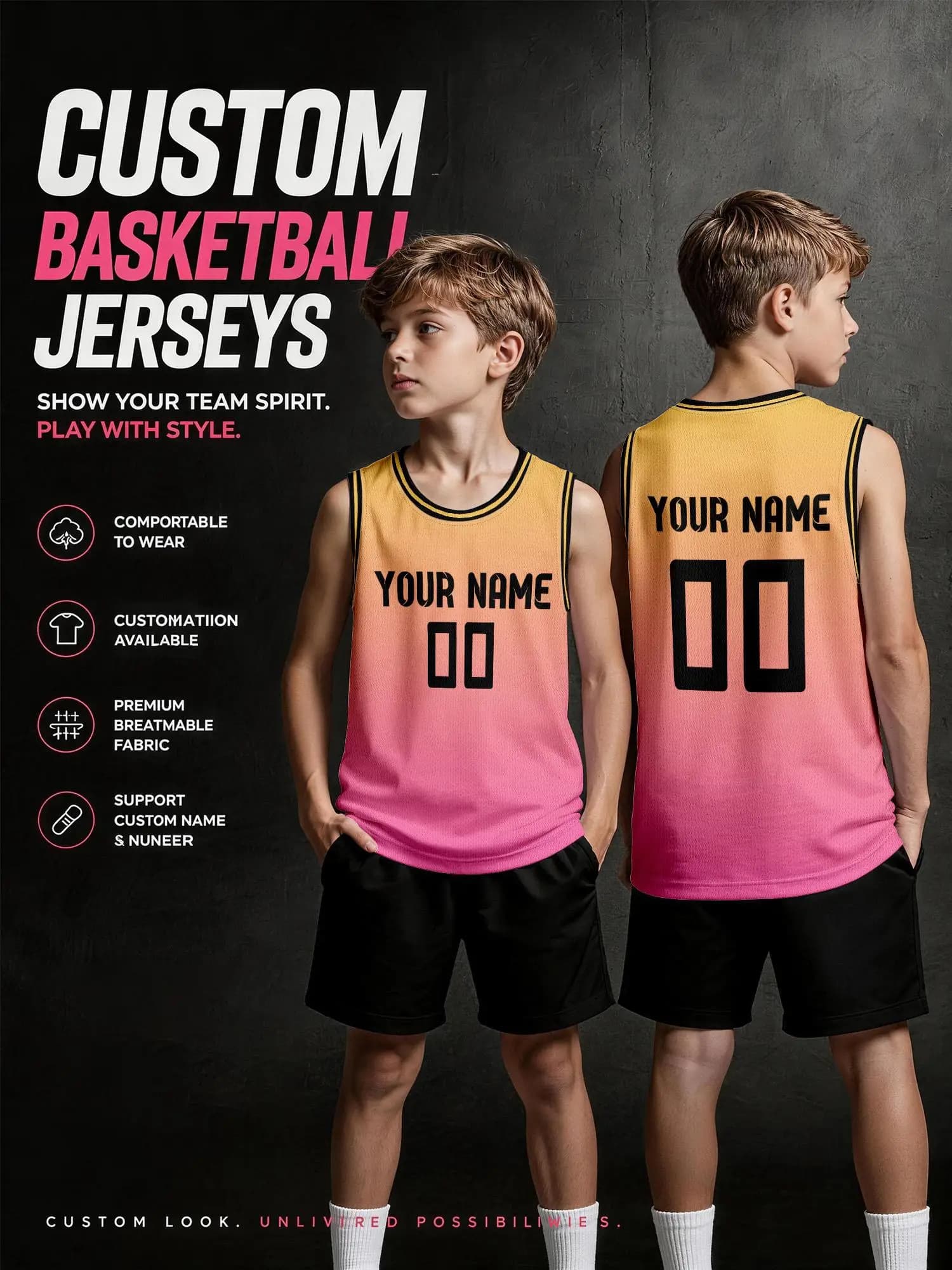 Yellow‑Pink Gradient Black Trim Custom Basketball Jersey, Print Name & Number, Breathable Quick‑Dry for Kids Adults