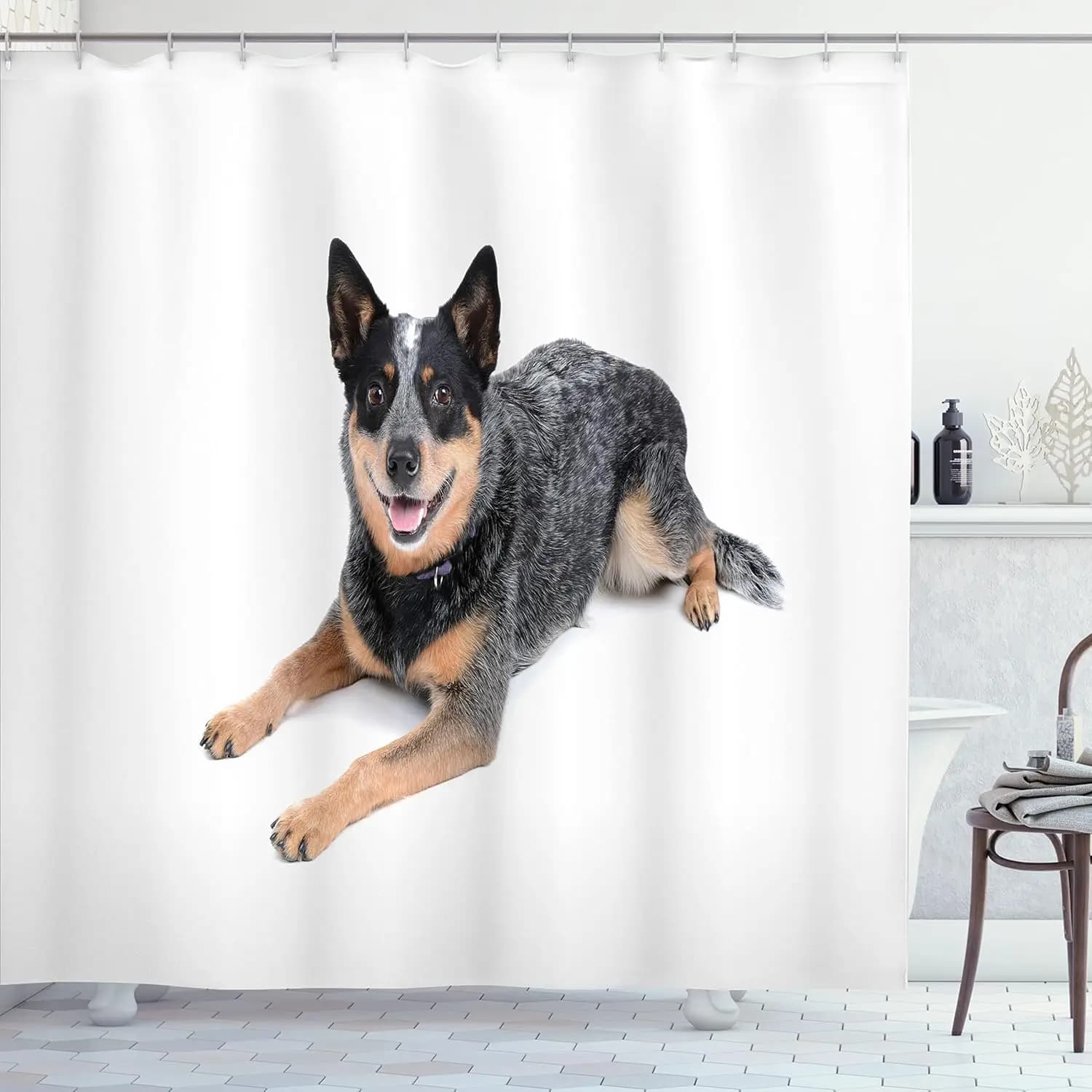 Tenda da doccia con cane da allevamento australiano, foto realistica di animali domestici, decorazione per il bagno per amanti degli animali, in lino 160x180