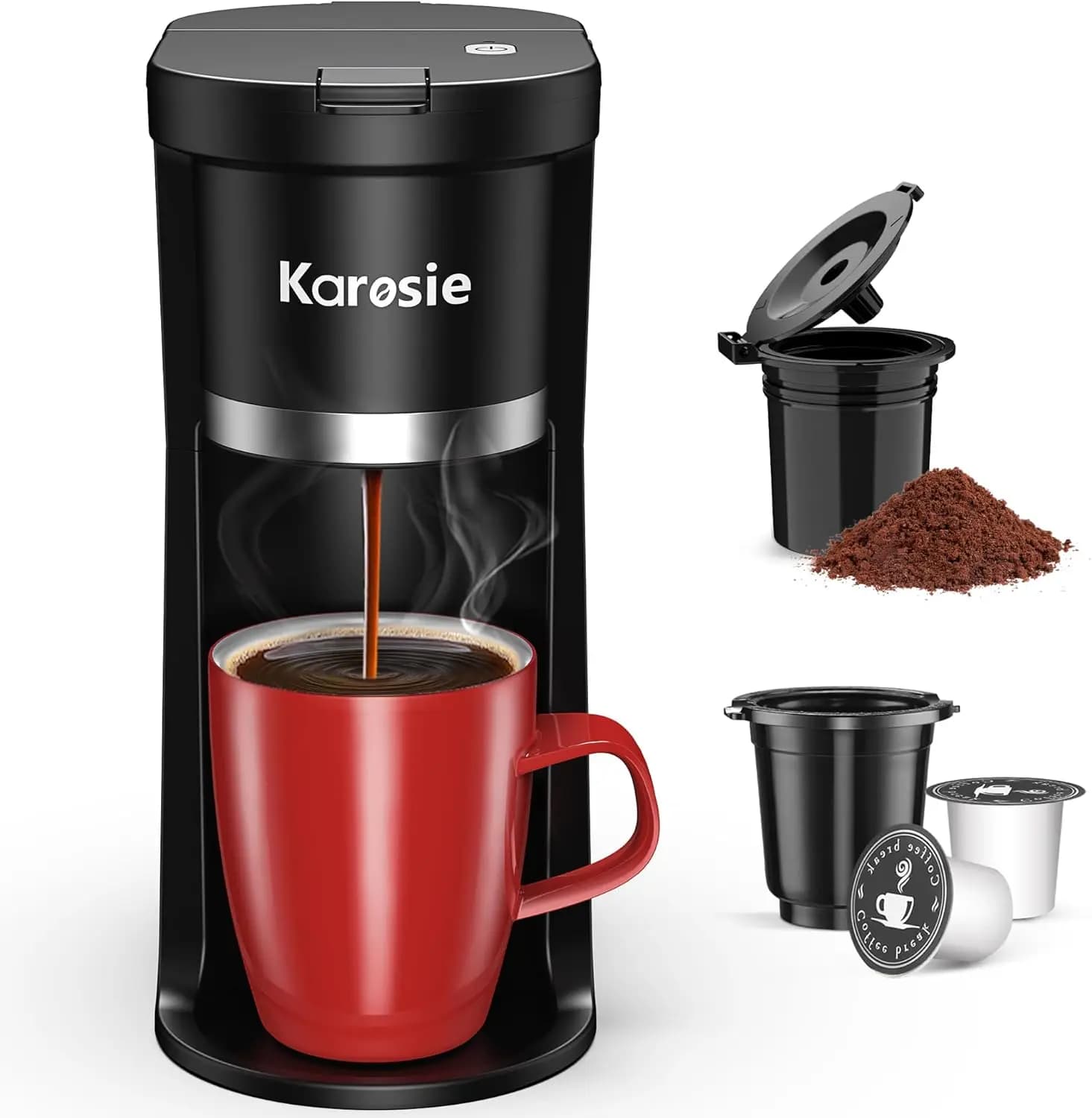 Small Single Serve Coffee Maker, Fast Brew for K-Cup & Ground Coffee, 6-12 Oz Brew Sizes, One-Button Single Cup Coffee Maker,