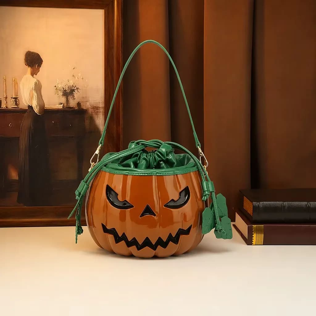 Gothic Pumpkin Bag Shiny Glossy Pattern Devil Face Novelty Handbag Green Drawstring Closure Top Handle Crossbody Purse Women