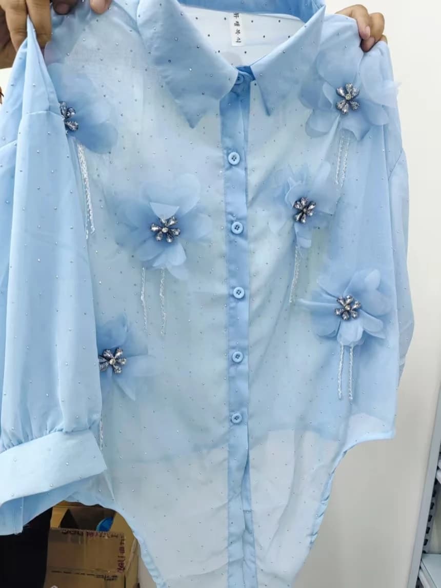 Foto Reali Camicie e Bluse Blu con Diamanti Scintillanti per Donna, Top Corto di Tendenza Primavera Estate 2026, Abbigliamento Femminile Blusas