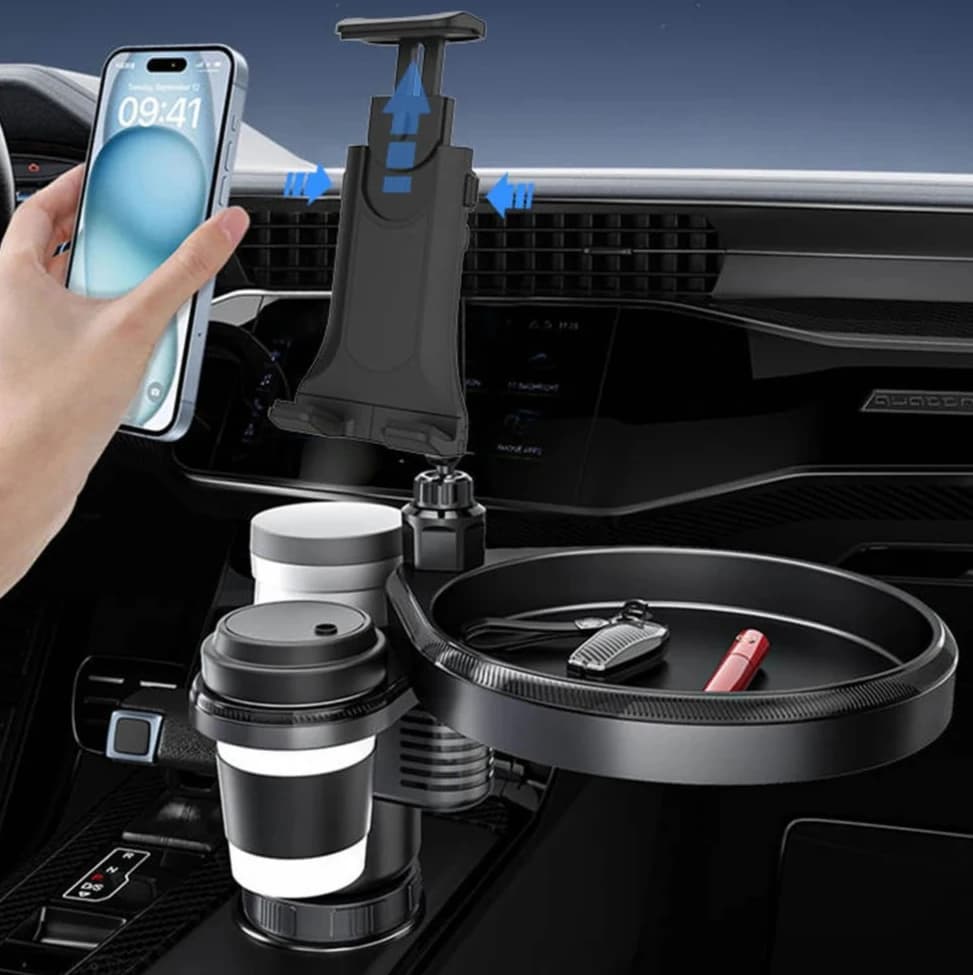 Portabicchieri Universale per Auto con Supporto Regolabile per Telefono e Tablet, Organizzatore con 2 Portabevande, Gadget Essenziale per Viaggi in Auto