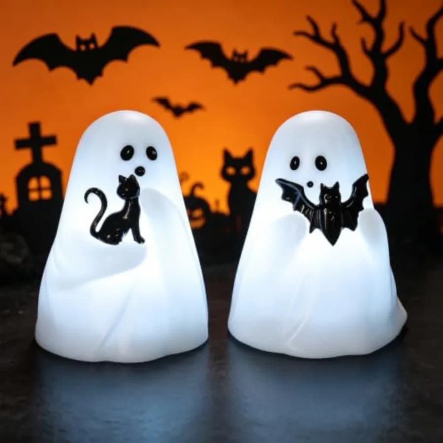2 Pack Bat & Cat Ghost Halloween Ghost Flameless Candles w/ Timer, Battery Operated LED Candles, Real Wax, Halloween Decor,White