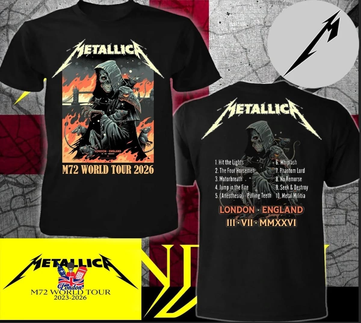 Metallica M72 World Tour 2026 London T-shirt Men and Women Summer 100 Cotton Clothing Gothic High Quality Short Sleeved Top
