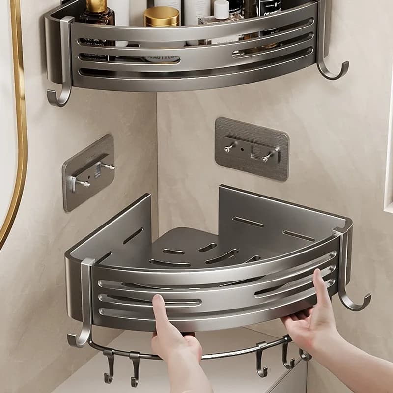 Portaoggetti da doccia grigio con ventosa rimovibile, mensola da bagno con ganci portatili, organizer impermeabile per doccia, porta asciugamani