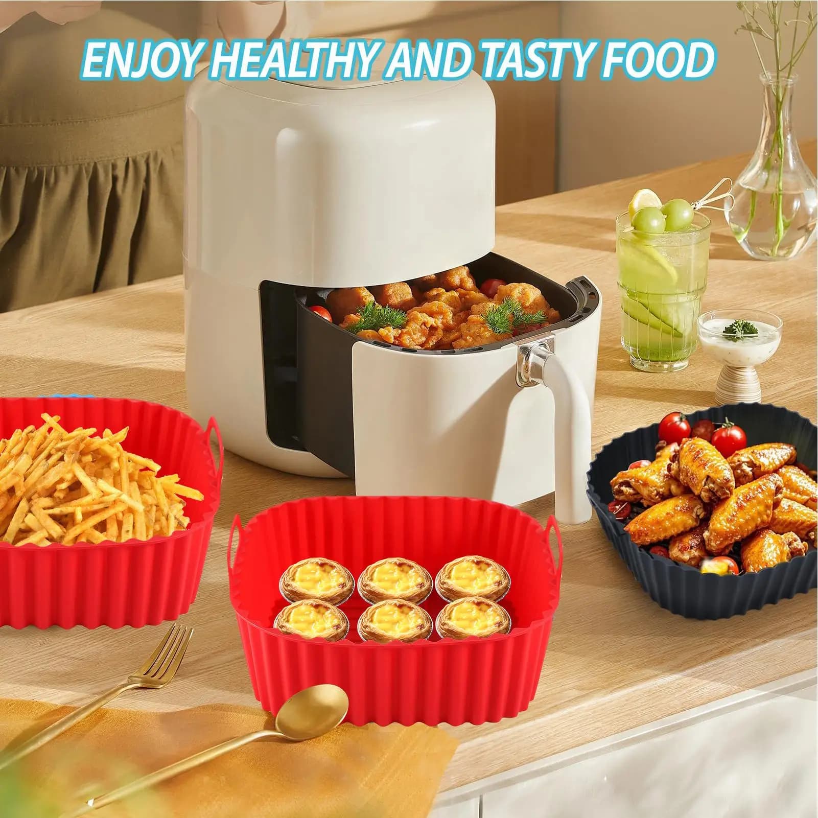 Silicone air frying pan, reusable, square, for barbecue, air frying pan, kitchen mold