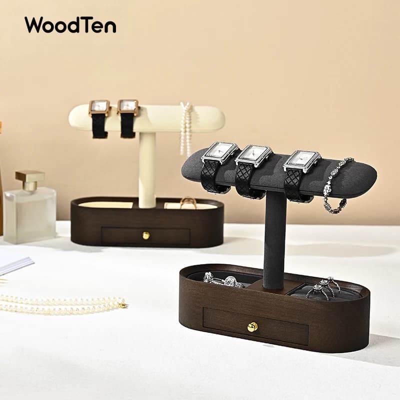 WoodTen Solid Wood Watch Display Stand with Drawers Double layered Watch Necklace Bracelet Organizer Rack Jewelry Bracelet Stand