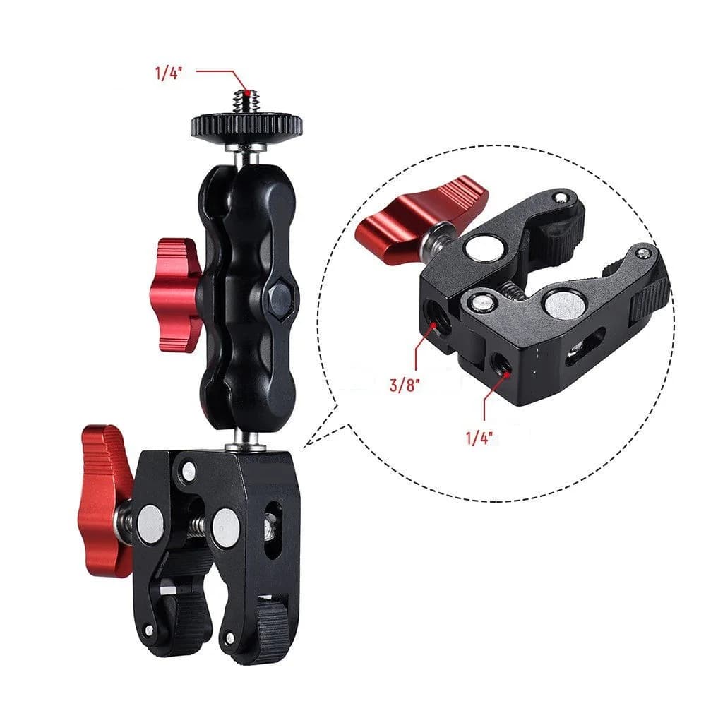 Super Clamp 360 ° Dual Ball Head Adapter with Ballhead Magic Arm for DSLR/Gopro/LED Light/Telephone Camera