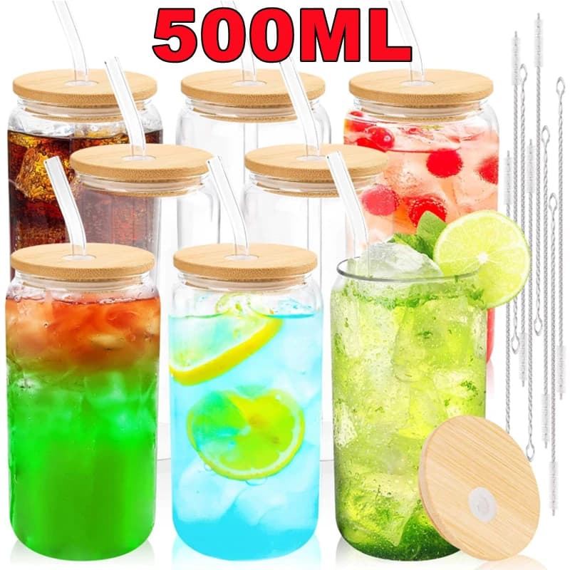 Nuova tazza di vetro da 500 ml con coperchio e cannuccia trasparente Bubble Tea Cup Succo di vetro Lattina di birra Latte Tazze di moka Colazione Mug Drinkware
