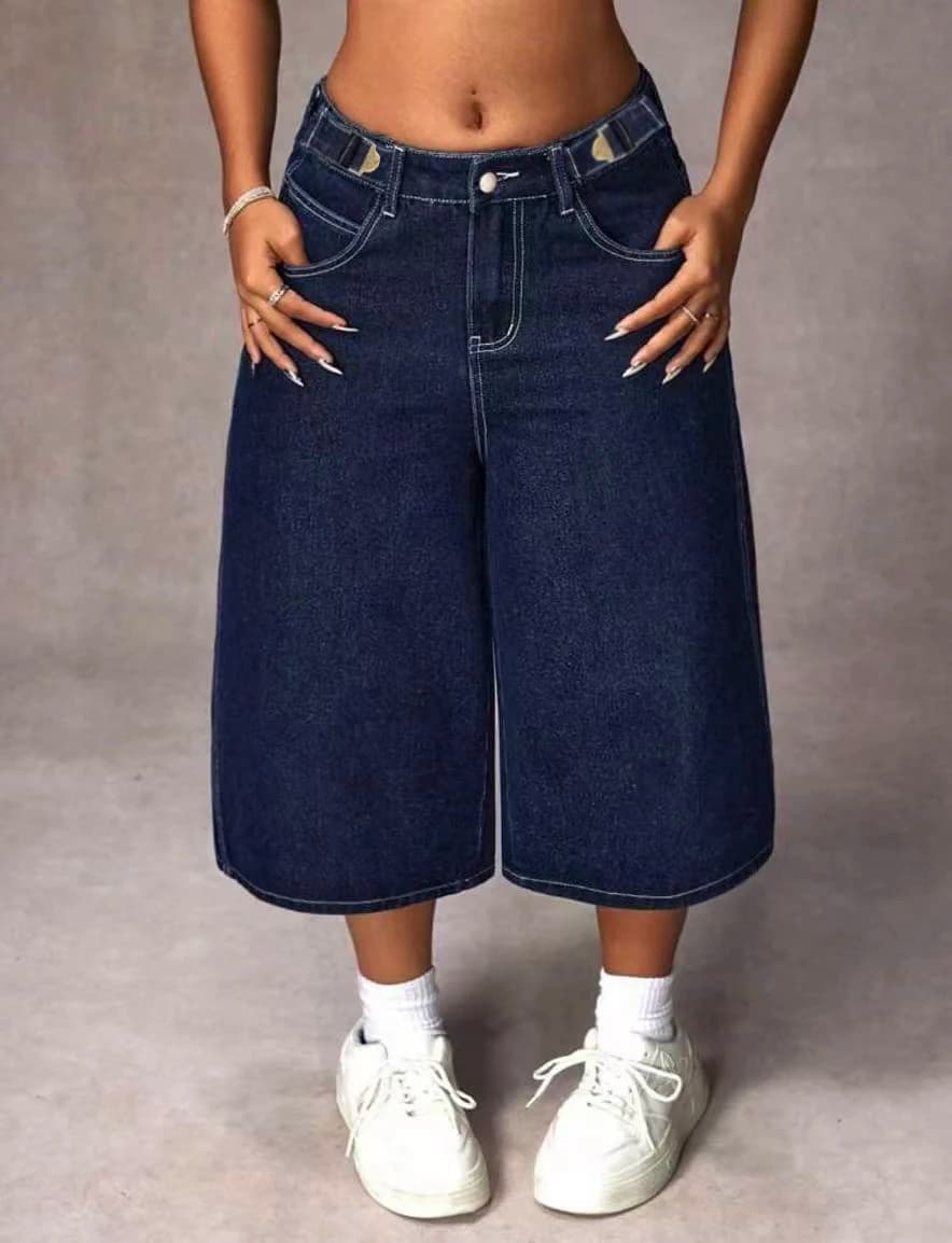 Retro Dark Blue Adjustable Buckle Capri Jeans