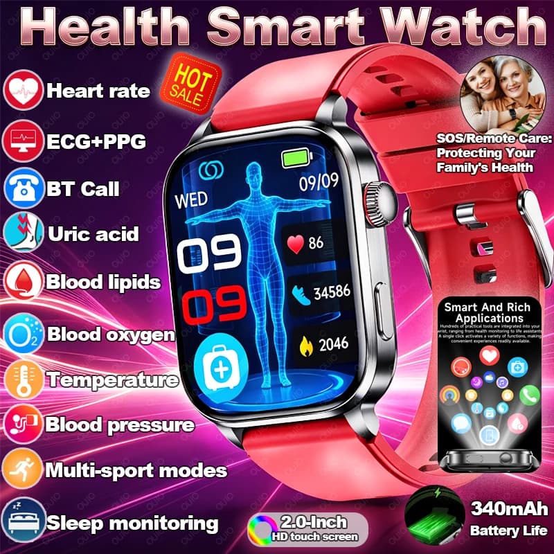 Smartwatch 2026 con ECG+PPG, Monitoraggio Frequenza Cardiaca, Temperatura Corporea, Pressione Sanguigna, Schermo HD da 2.0 Pollici, Impermeabile IP68